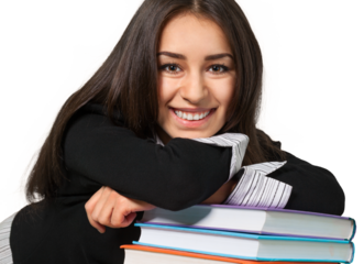 young woman leaning on books