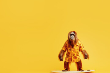 orangutan on the surfboard on yellow background, Generative AI