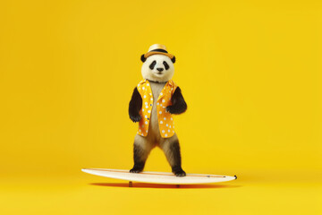 panda on the surfboard on yellow background, Generative AI