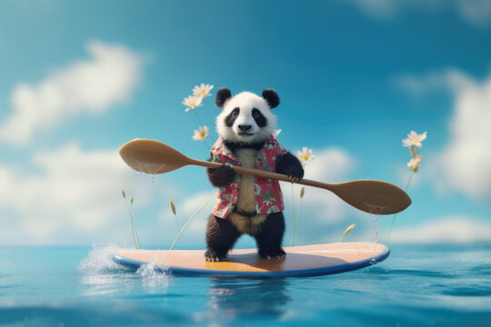 panda on the surfboard in ocean on blue sky background, Generative AI