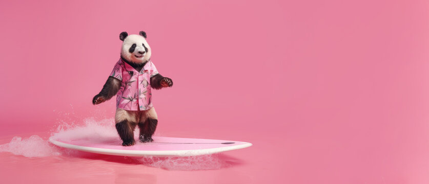panda on the surfboard on pink background, Generative AI