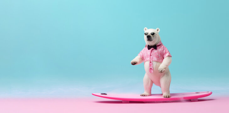 polar bear on the surfboard on blue pink background, Generative AI