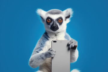 lemur with smartphone on blue background, Generative AI - obrazy, fototapety, plakaty