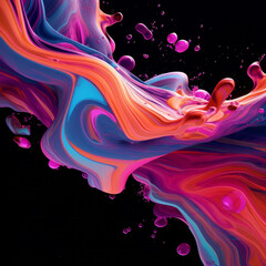 Floating colorful liquid with smoke on black background. Created using generative AI
