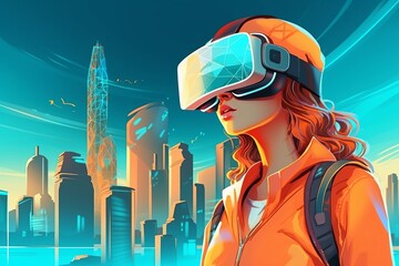 Girl with VR goggles in front of modern city with skyscrapers as background. Cartoon style. Created using generative AI