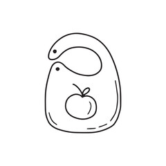 Baby bib, protection from drool and dirt. Vector Doodle illustration. Things and attributes for newborns. Small children's clothes sketch with a black contour line by hand.