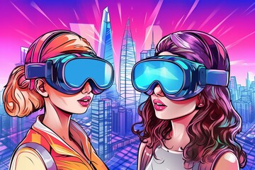 Two young girls with VR goggles in front of modern big city skyscrapers as background. Created using generative AI