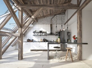 Apartment interior with kitchen. 3d