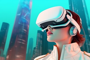Beautiful girl with VR goggles in front of modern big city skyscrapers as background. Created using generative AI