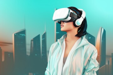 Woman with VR goggles in front of modern big city skyscrapers as background. Created using generative AI