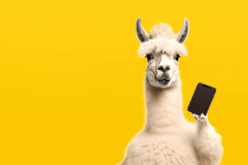 Obraz premium llama with smartphone on yellow background, Generative AI