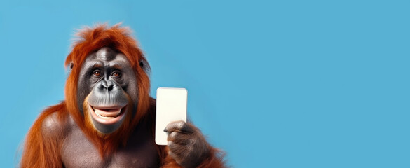 orangutan with smartphone on blue background, Generative AI