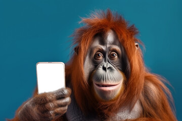orangutan with smartphone on blue background, Generative AI