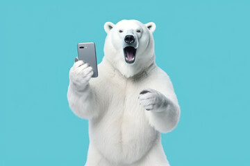 polar bear with smartphone on blue background, Generative AI