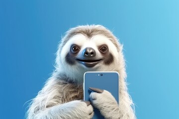 sloth with smartphone on blue background, Generative AI
