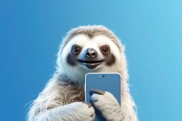 Deurstickers sloth with smartphone on blue background, Generative AI © gankevstock
