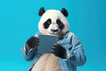 panda with smartphone on blue background, Generative AI