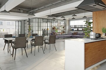 Apartment interior with kitchen. 3d