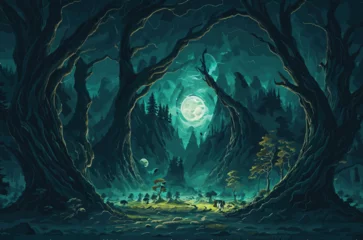 Fototapete Fantasielandschaft vector background illustration that depicts a nocturnal adventure in the wilderness. dark greens and forest illuminated by moonlight. towering trees, mysterious wildlife, and a winding path