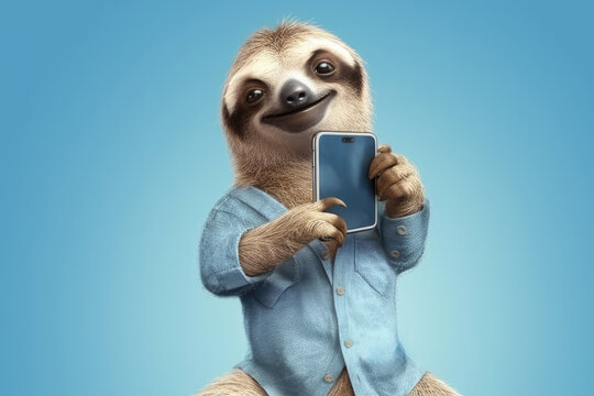 sloth with smartphone on blue background, Generative AI