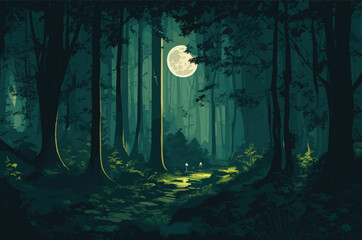 vector background illustration that depicts a nocturnal adventure in the wilderness. dark greens and forest illuminated by moonlight. towering trees, mysterious wildlife, and a winding path