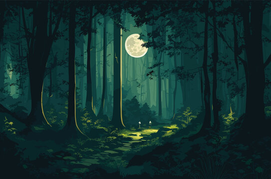 vector background illustration that depicts a nocturnal adventure in the wilderness. dark greens and forest illuminated by moonlight. towering trees, mysterious wildlife, and a winding path