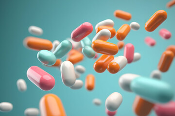 Pharmacy and medicine, antidepressant and vitamin concept. Group of pills and medicine capsules flying. Close-up of painkillers in motion dynamics - obrazy, fototapety, plakaty