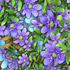 lavender color flowers and blue color flower with green leaves and stems pattern background using illustration art