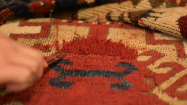 Woman restoring an Antique Oriental Rug. Starting to cut the new knots to size.