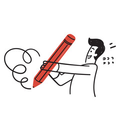 hand drawn doodle man holding big pencil illustration
