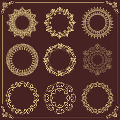 Vintage set of vector round elements. Golden elements for design frames, cards, menus, backgrounds and monograms. Classic patterns. Set of vintage patterns