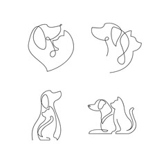 cat and dog line single SET COLLECTION logo icon design illustration template