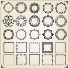 Vintage set of vector square and round elements. Elements for backgrounds and frames. Classic black and beige patterns. Set of vintage patterns