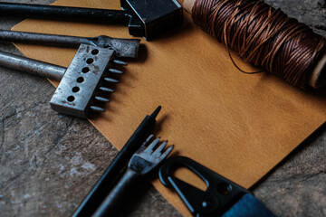Leather wallet card holder working with leather tool craftmanship object