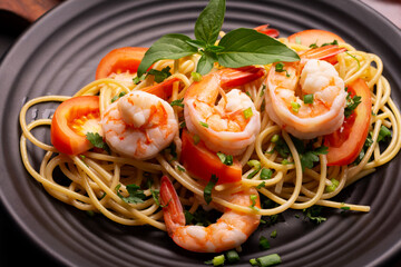 Close-up photo-fried spaghetti or fried noodles Pasta with tomato sauce and shrimp, basil, and tomatoes on a black plate On a wooden table top view