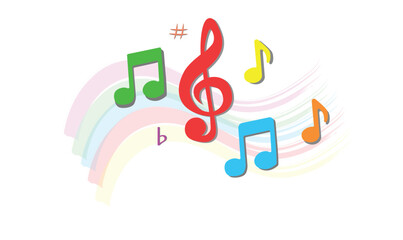 Colorful music notes flat vector set isolated on white background. Song, melody or tune vector illustration. Music note icon for musical apps and websites. Music symbol. Music pentagram.