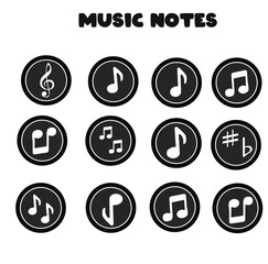 Music notes flat vector set isolated on white background. Song, melody or tune vector illustration. Music note icon for musical apps and websites. Music symbol. Music pentagram.