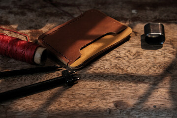 Leather wallet card holder working with leather tool craftmanship object