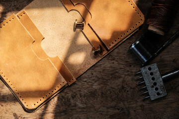 Leather wallet card holder working with leather tool craftmanship object