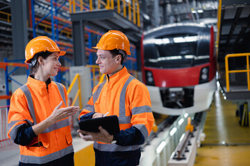Engineer man and women worker working team together in electric train service depot transport industry factory technician mechanic staff.