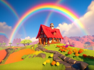 3D render in cartoon style of a small house against a backdrop of hills, with a beautiful rainbow in the sky, Generative AI