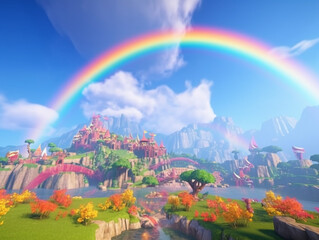landscape of a village in a mountainous setting, with a beautiful rainbow in the sky, Generative AI