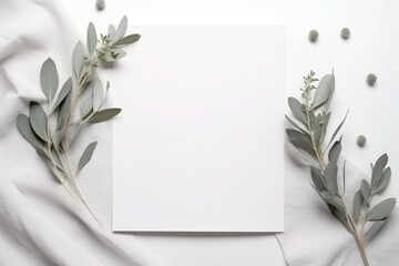 Blank greeting paper card, invitation mockup scene top view with eucalyptus tree branches. Elegant stationery on white table background