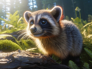 closeup on a fluffy wild raccoon, Generative AI