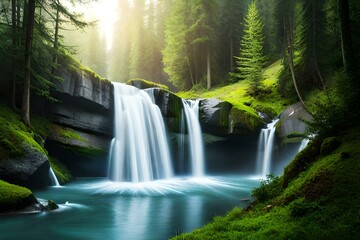 Waterfall in the between the hills in a green forest