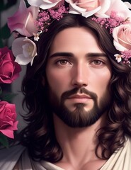 Naklejka premium Sacred Serenity: Jesus Embracing the Rose Flower - Symbol of Love and Devotion