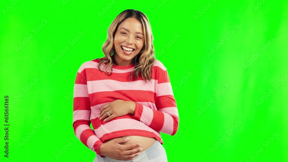 Poster Green screen, hush or pregnant stomach with happy woman on gender reveal, wellness or development. Pregnancy portrait, finger on lips or mother smiling holding belly for healthy baby growth or love