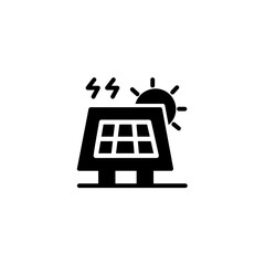 Solar panel and plug with sun thunder electric energy. Vector line icon black and white with green eco energy theme