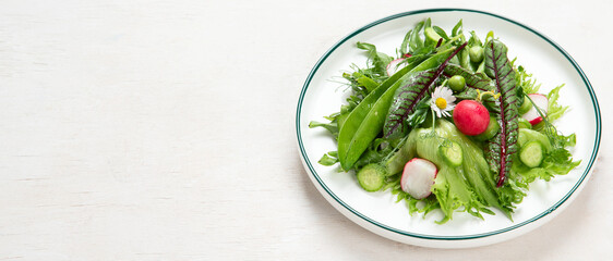 Fresh vegetarian vegetable salad with radish, cucumber and arugula, healthy food.