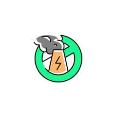 Ban forbidden smoke fog power plant. Vector line icon black and white with green eco energy theme